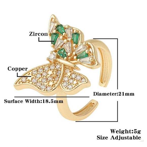 Butterfly Ring With Green Zircon & Rhinestones In Gold Tone - Picture 4 of 10